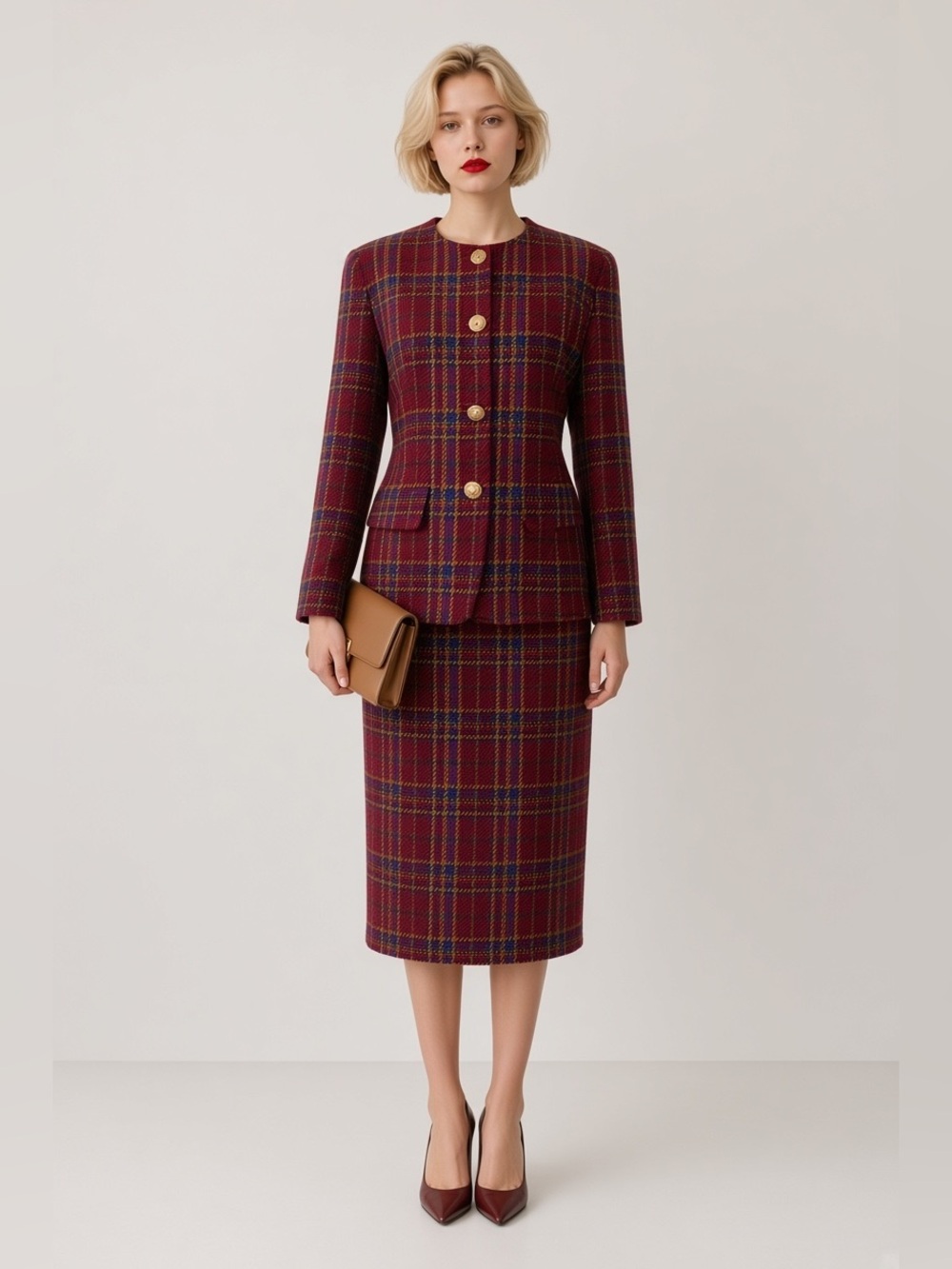 Burberry Plaid Skirt Suit in Red & Blue